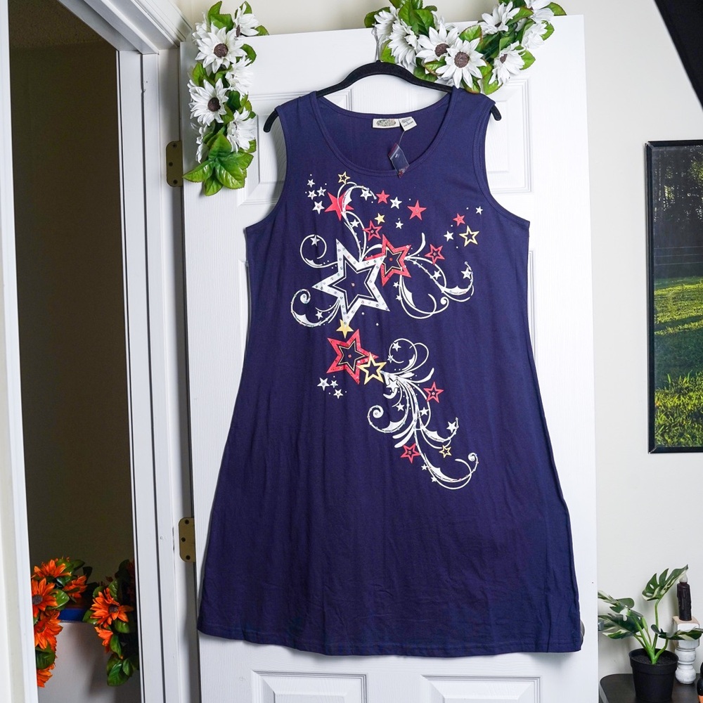 Blue White Red Cotton Summer Dress Sleeveless 4th of July Star Spangled Detail